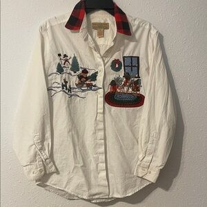 Plaid Collar White Button Down Shirt with Embroidered Design